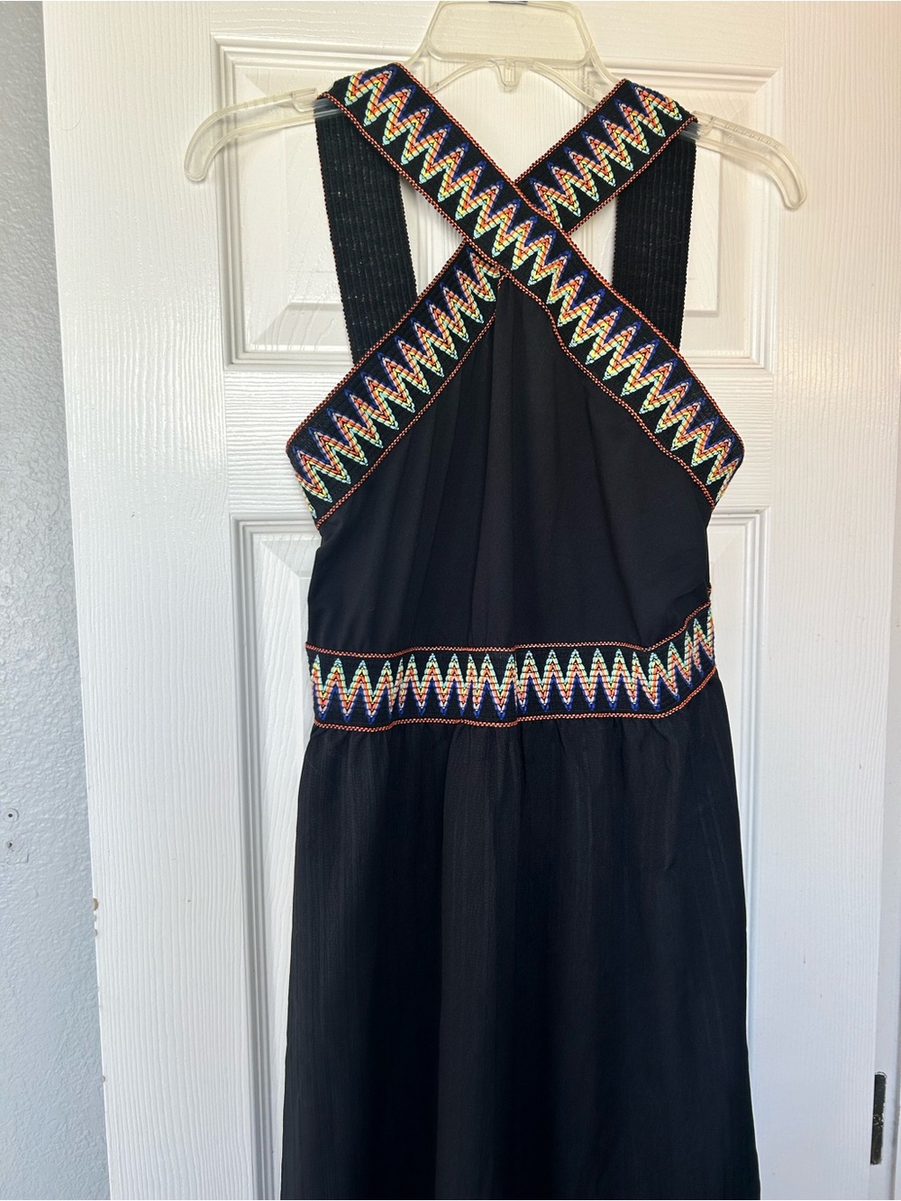 Black Sleeveless Maxi Dress with Multicolor Embroidered Trim